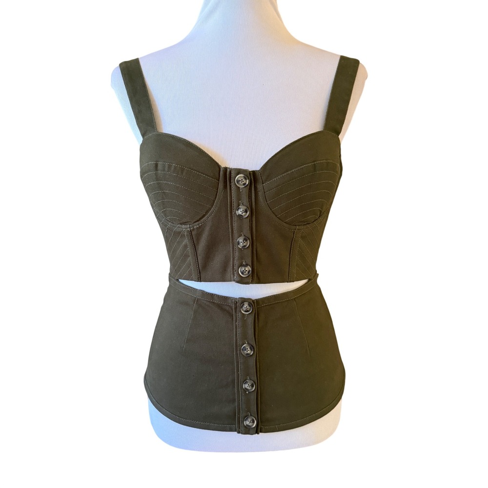 Self-Portrait Corset Bustier Cutout Top Women 4 Olive Green SP13-025